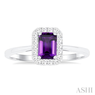 6x4 MM Octagonal Shape Amethyst and 1/6 Ctw Round Cut Diamond Halo Semi-Precious Ring in 10K White Gold